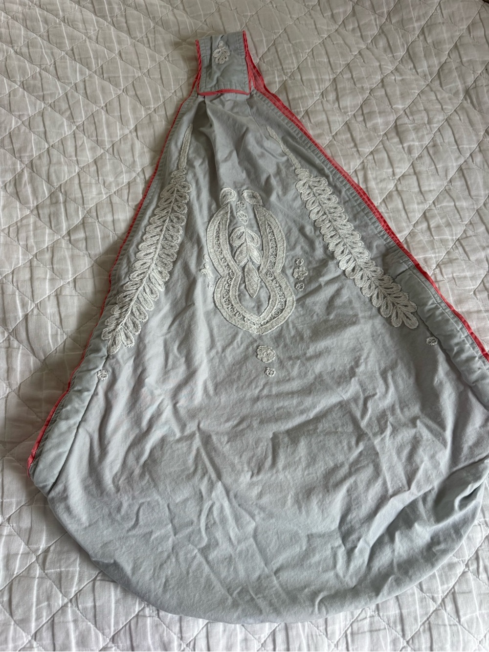 Embroidered Light Blue Gray Organic Sling with Coral Trim